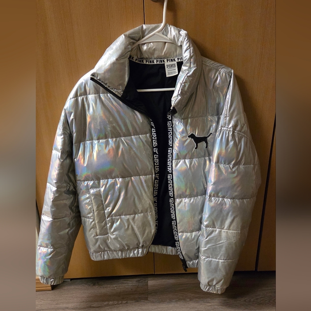 VS PINK Fashion Show Limited Release Holligraphic Silver Puffer Jacket